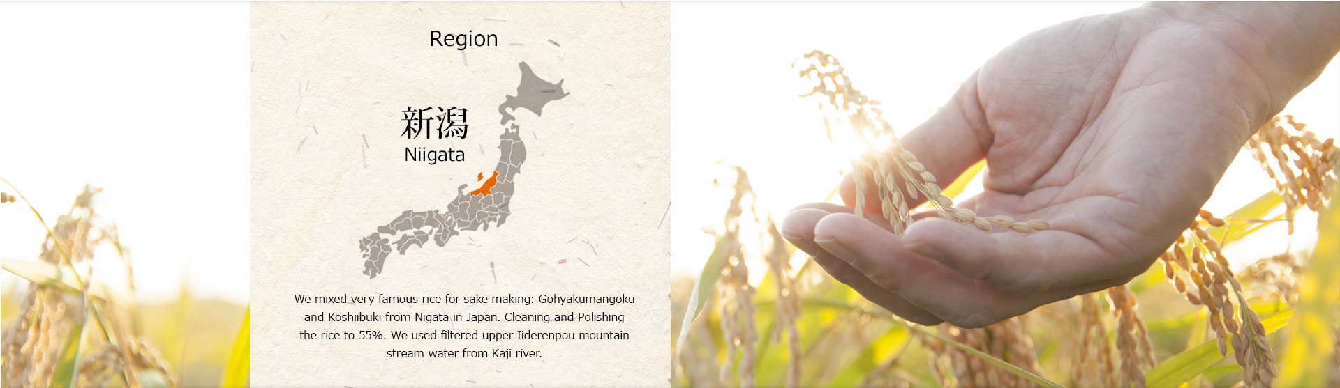 Region: Niigata. We mixed very famous rice for sake making: Gohyakumangoku and Koshiiuki from Nigata in Japan Cleaning and Polishing the rice to 55%. We used filtered upper Iiderenpou mountain stream water from Kaji river.