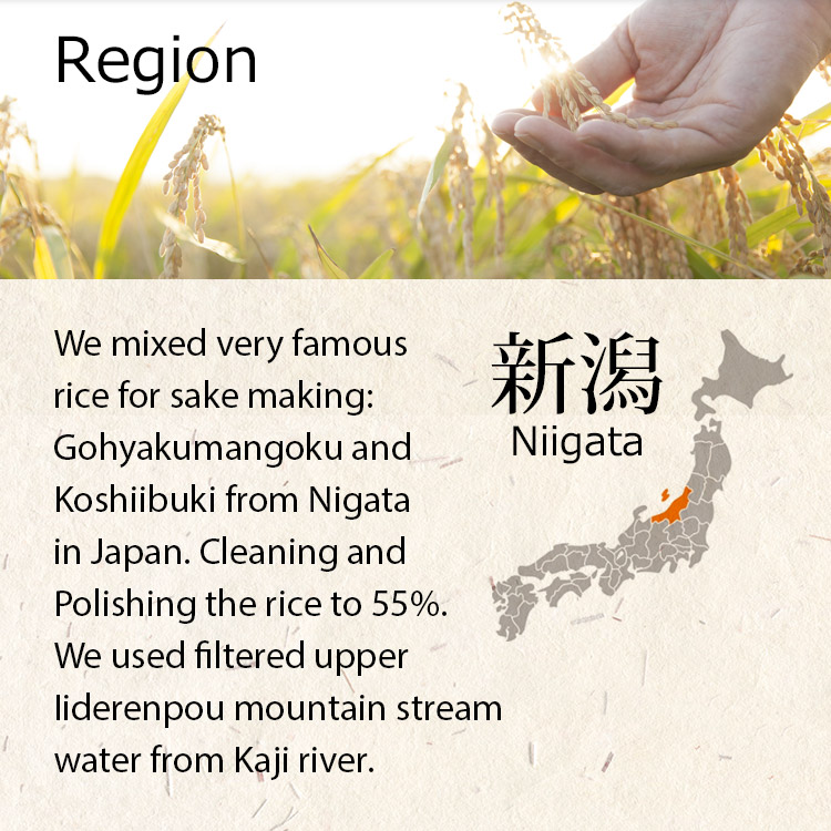 Region: Niigata. We mixed very famous rice for sake making: Gohyakumangoku and Koshiiuki from Nigata in Japan Cleaning and Polishing the rice to 55%. We used filtered upper Iiderenpou mountain stream water from Kaji river.