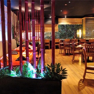 Bamboo poles and plants adorn the interior of a restaurant